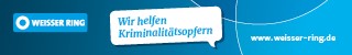 Werbebanner in blau mit der Aufschrift "Weißer Ring - Wir helfen Kriminalitätsopfern"